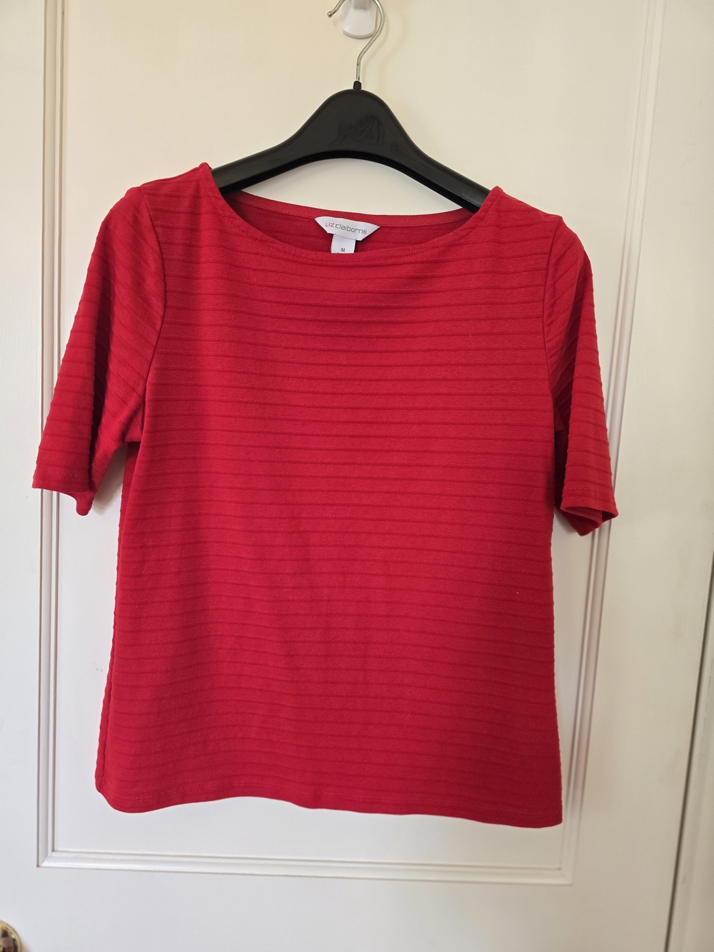 Liz Claiborne Red Short Sleeve Boatneck Ribbed Top